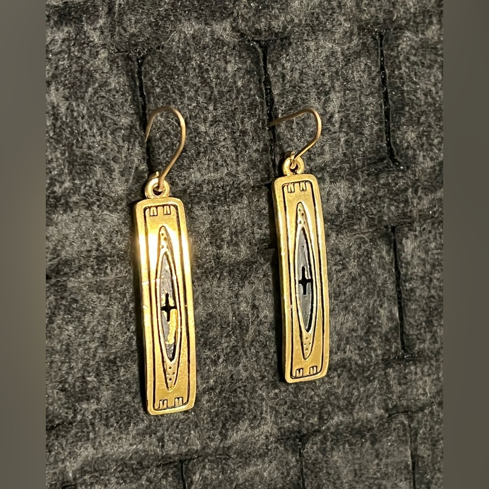 Gold-Tone Rectangular Religious Drop Earrings - G… - image 1